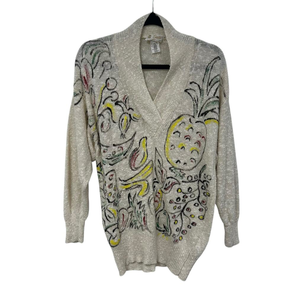 Vintage Emilio Cream Multi Abstract Fruit Print Pullover Sweater Womens Medium